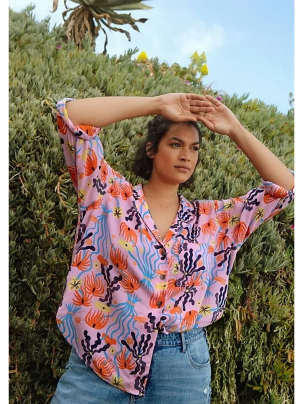 Anthropologie Art by Meg Fransee Pink Charmer Modal Abstract Art to Wear Blouse